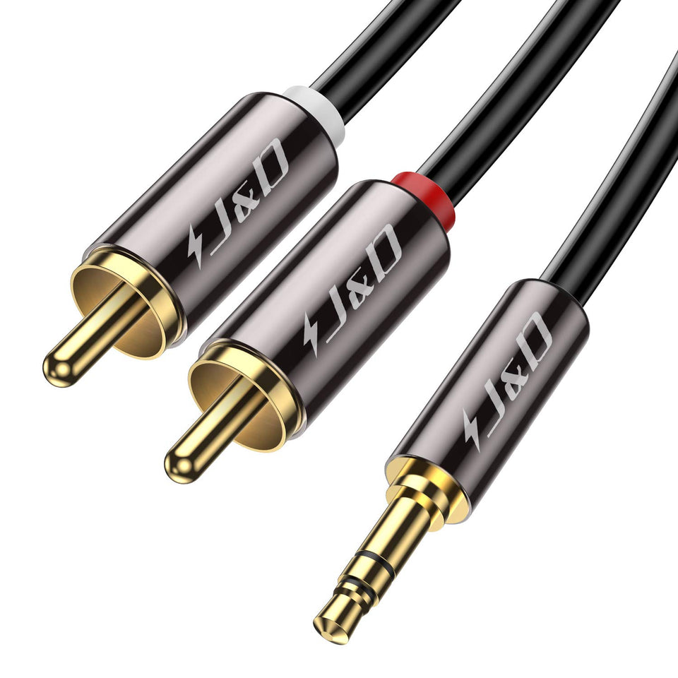 J&D 3.5mm to RCA cable full-length view with gold-plated ends for home theater setup