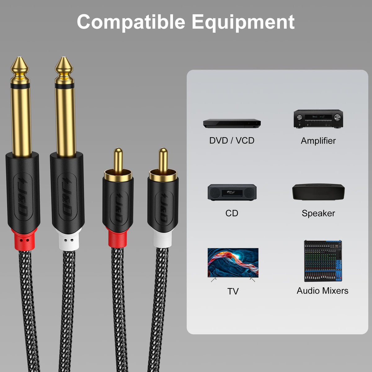 J&D gold-plated RCA to quarter-inch cable with premium signal, minimal loss.