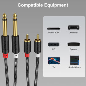 J&D gold-plated RCA to quarter-inch cable with premium signal, minimal loss.