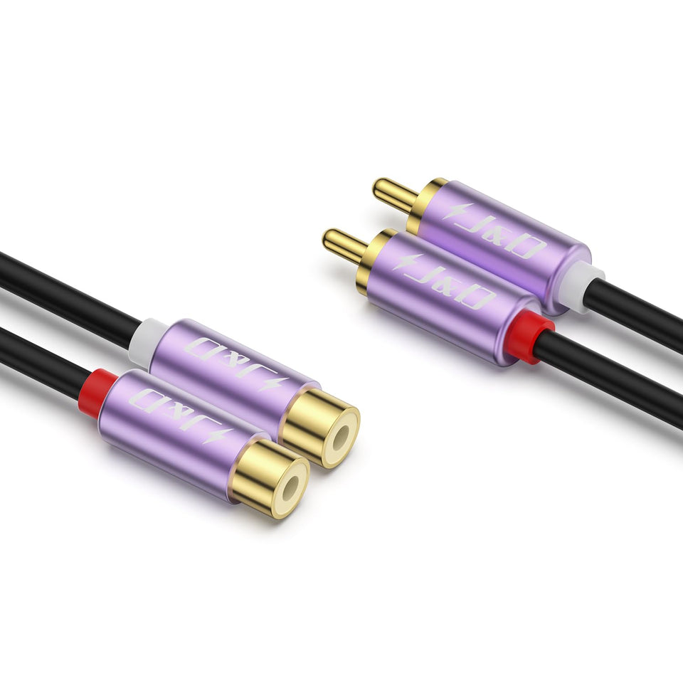 J&D RCA cable close-up with gold-plated connectors for premium audio connections and low interference.