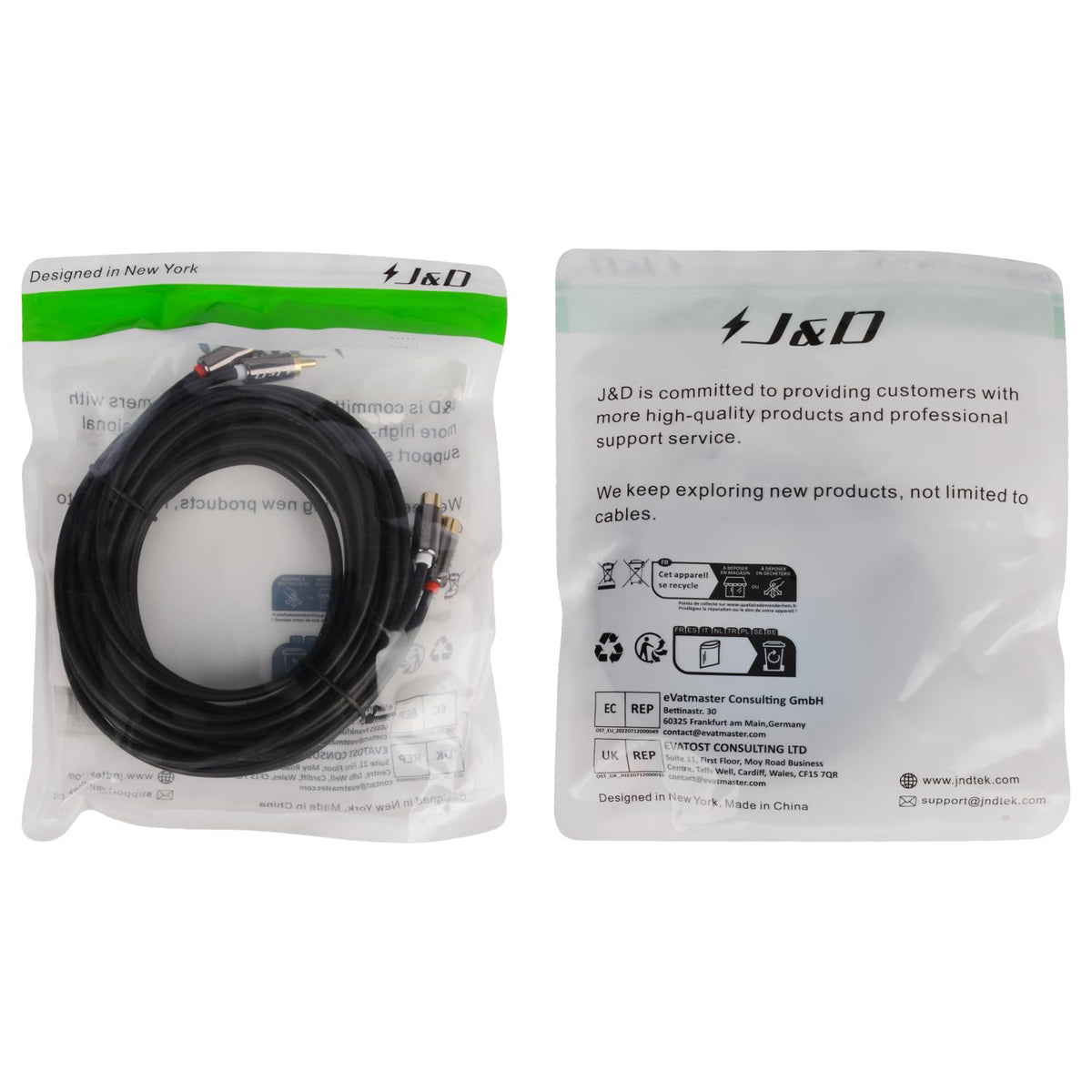 J&D box with 2RCA extension cable guide and warranty information