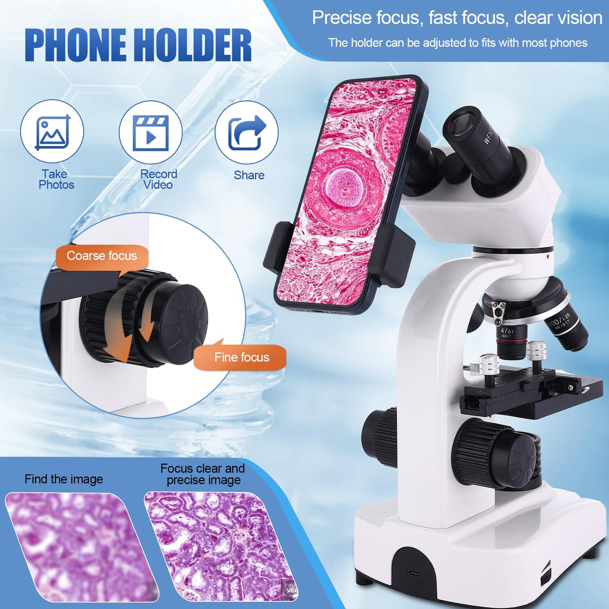 JECONE dual focus system blends coarse and fine adjustment for sharp images.