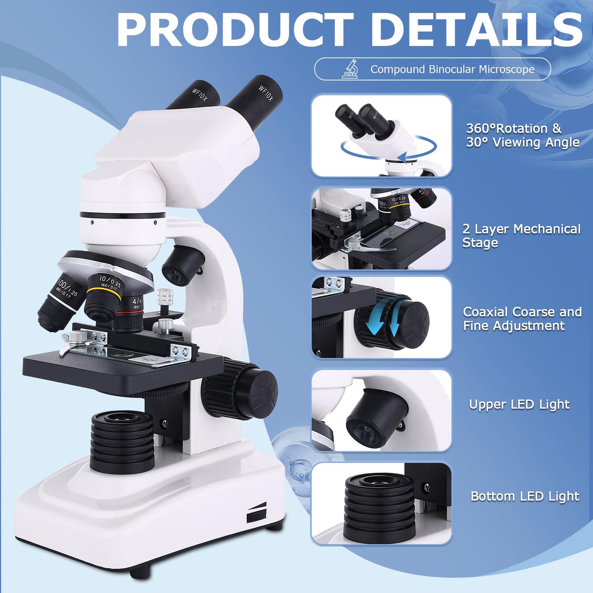 JECONE microscope mechanical stage provides precise slide control for detailed study.