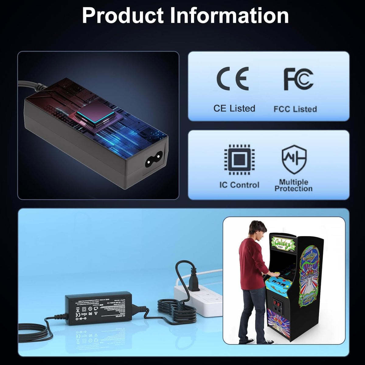 Jeestam power adapter with CE/FCC/RoHS ensures safe arcade operation.