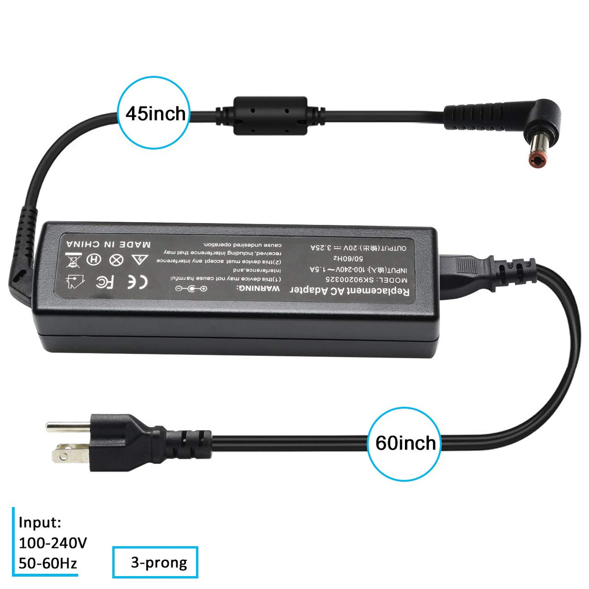 Jeestam 65W charger DC output 20V 3.25A for efficient laptop charging.