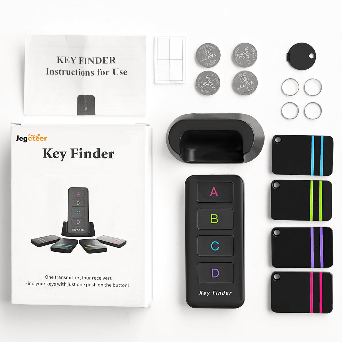 Jegoteer accessories spread: key rings, adhesive pads, pry opener, simplifies setup