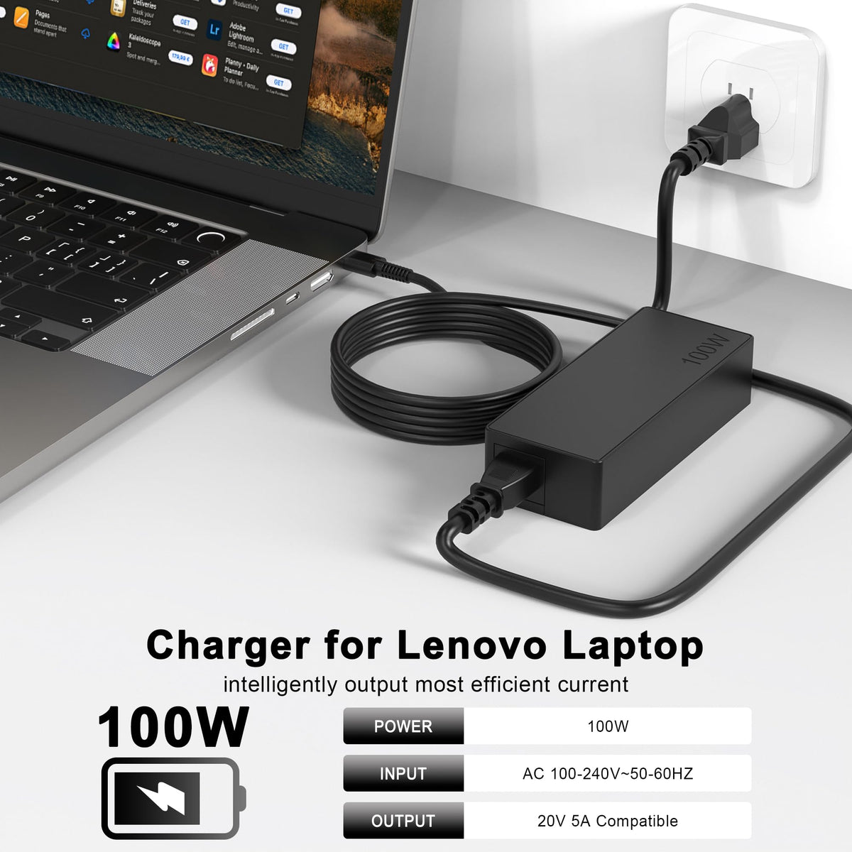 JEIBAO 100W USB-C charger with included USB-C cable for ready setup.