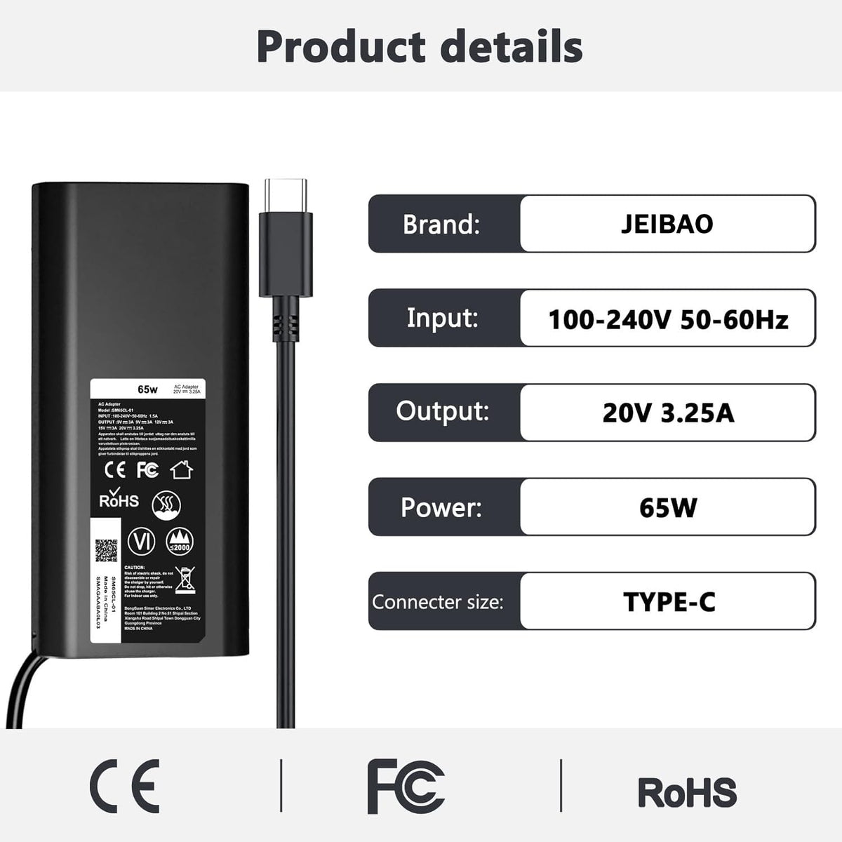JEIBAO 65W USB-C charger side ports, USB-C PD compatible for Dell.