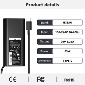 JEIBAO 65W USB-C charger side ports, USB-C PD compatible for Dell.