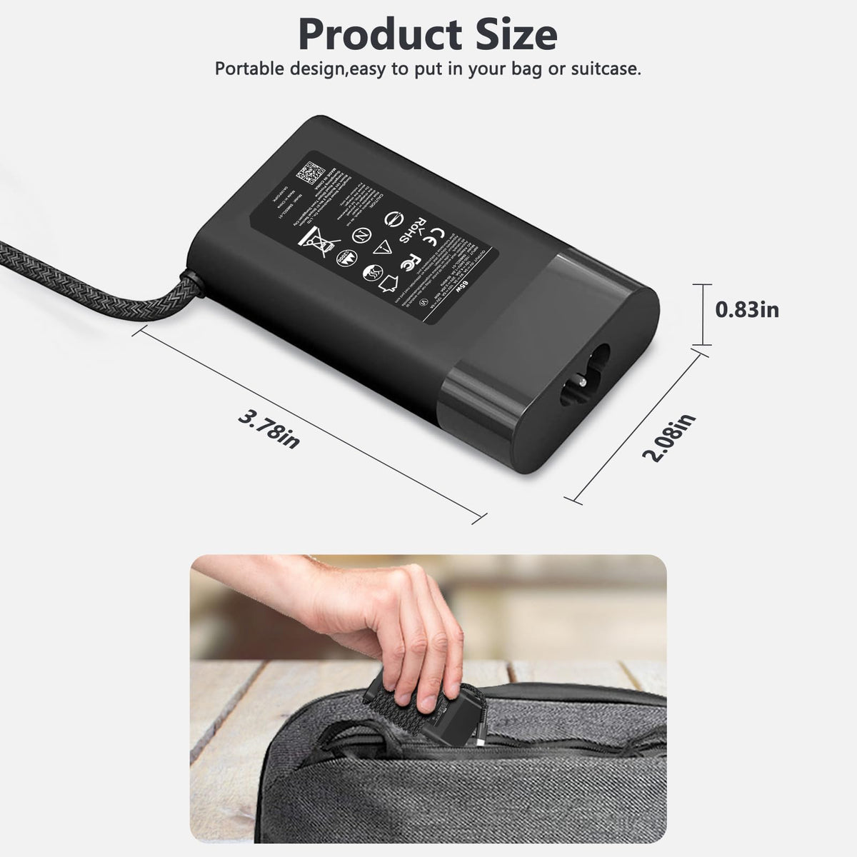 JEIBAO compact charger shown with travel accessories in a bag.