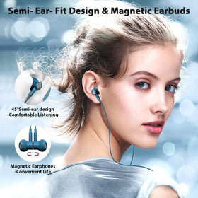 Jelanry earbuds snapped together by magnetic backs to prevent tangles and hang neatly