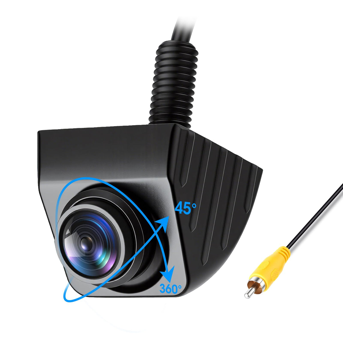 Jelkuz 1080p AHD backup camera, front view, clear license plates in low light.