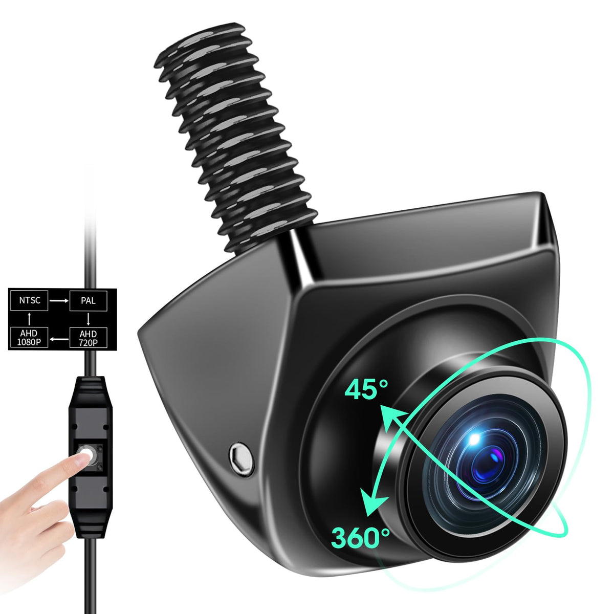 Jelkuz 360°+45° rotatable backup camera front view for precise parking.