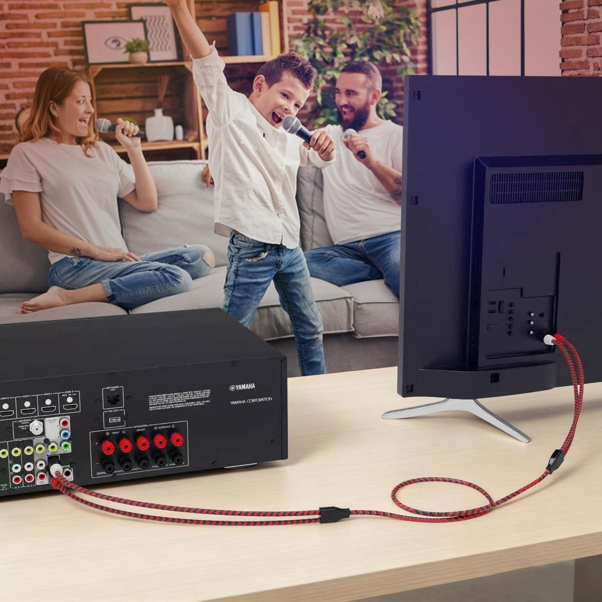 Jelly Tang RCA cable provides color-coded connectors for easy setup.