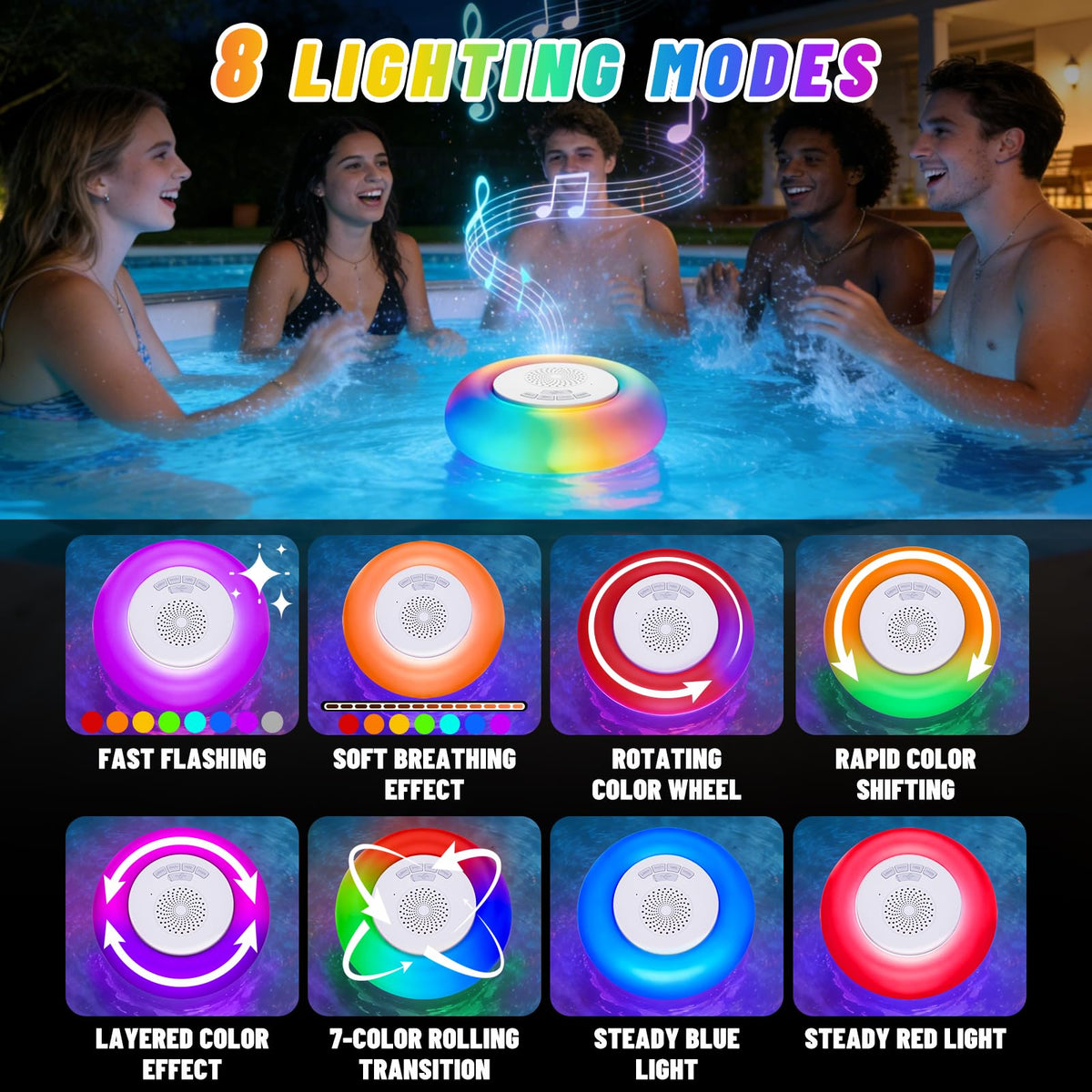 JEMULICE floating lights in a pool at night creating colorful atmosphere and music