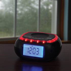 Jensen on bedside table announcing weather alerts and convenient alarm