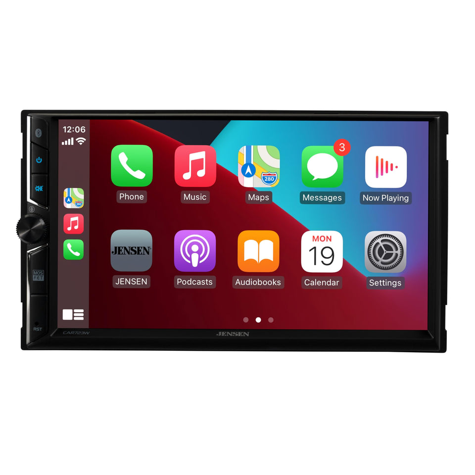 Jensen CAR723W 7-inch display showing CarPlay interface for hands-free navigation.