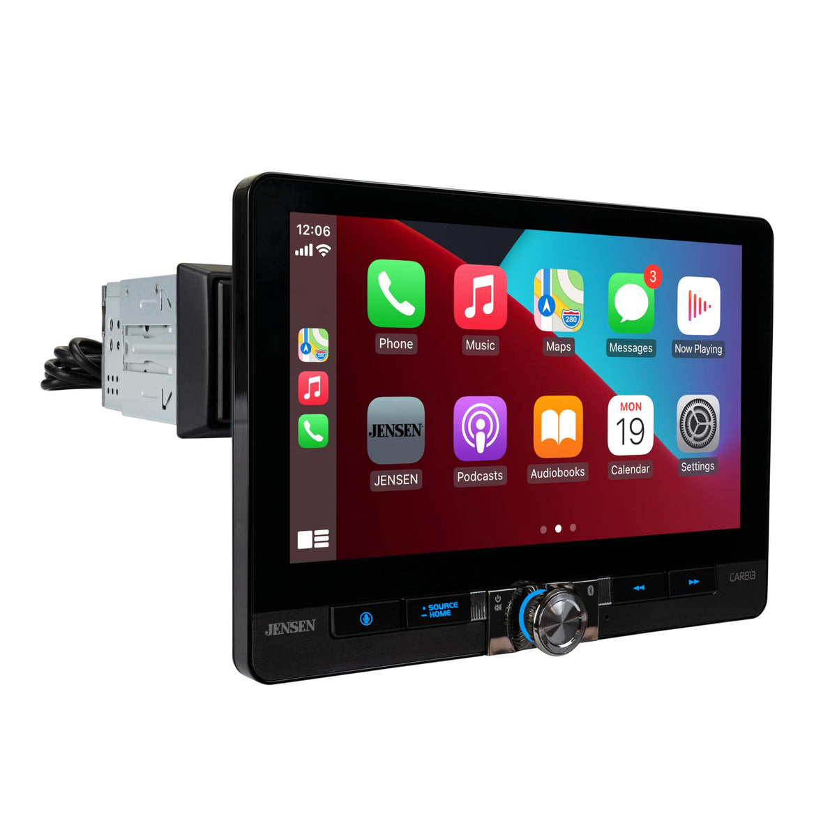 Jensen CAR813 wireless Apple CarPlay interface enables hands-free control.