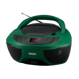 Jensen front view green boombox shows compact design and easy controls benefit portability