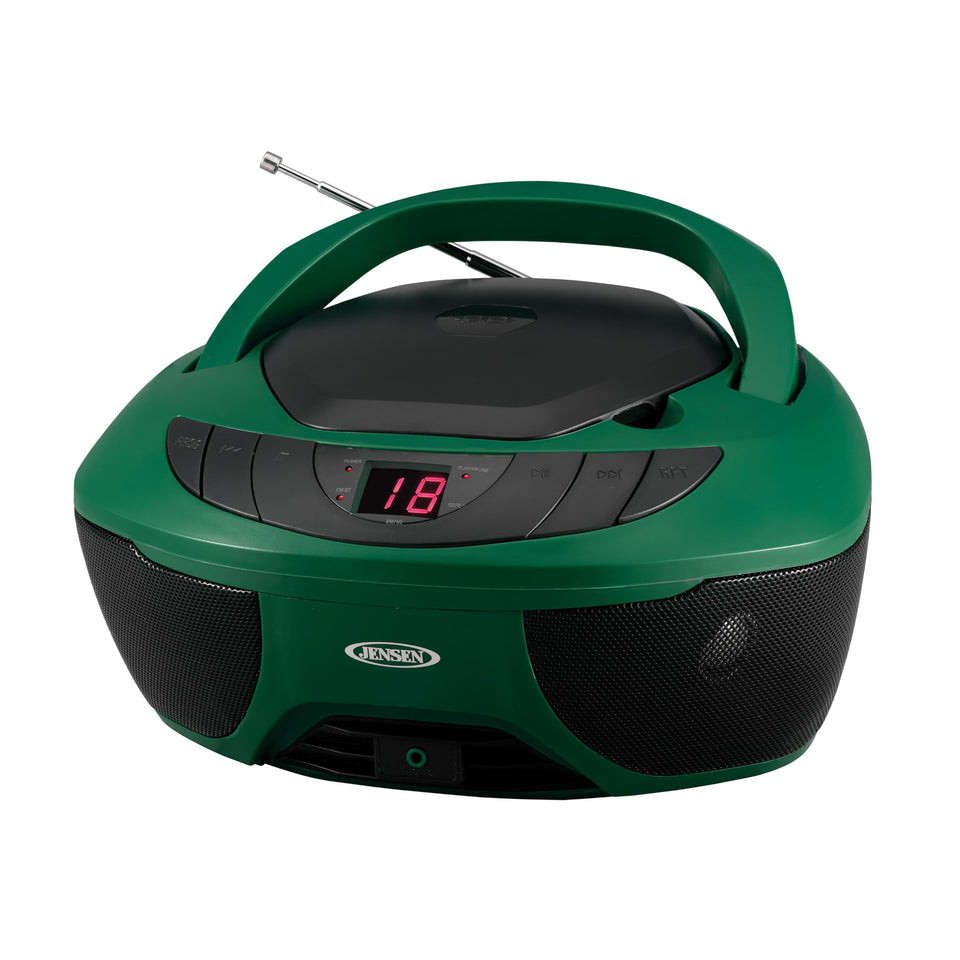 Jensen front view green boombox shows compact design and easy controls benefit portability