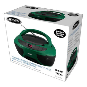 Jensen boombox set on picnic table showing green finish and versatile on-the-go music