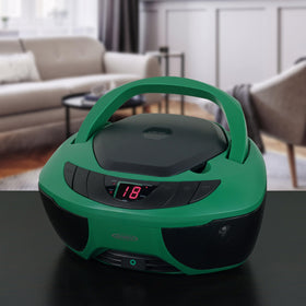 Jensen top-loading CD closeup highlighting disc slot and compatibility for quick playback
