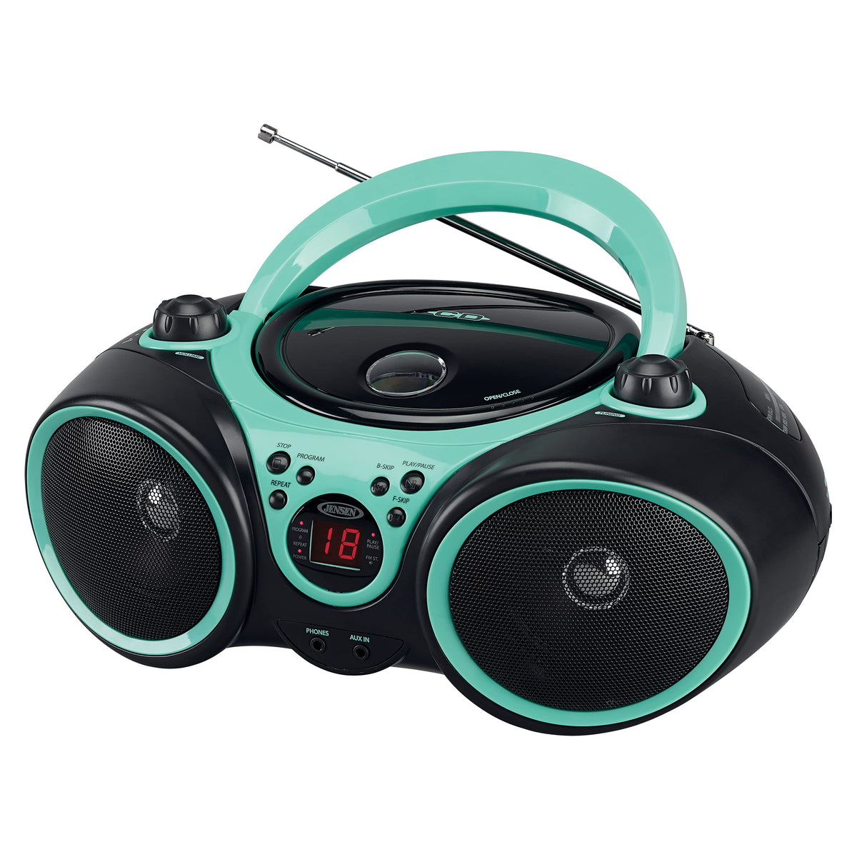 Jensen CD-490 front view showing speakers and aqua teal finish for portable sound