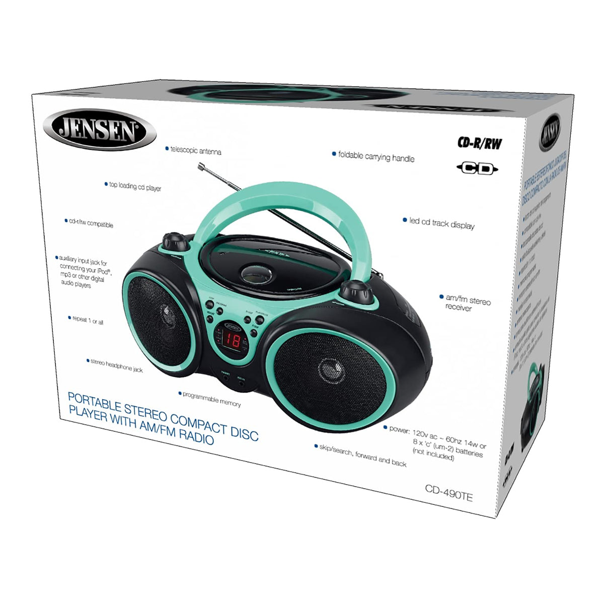 Jensen CD-490 next to C batteries demonstrating battery power option and scale