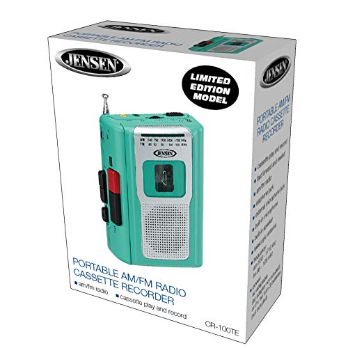 Jensen CR-100 Teal AM FM display for varied radio programming.