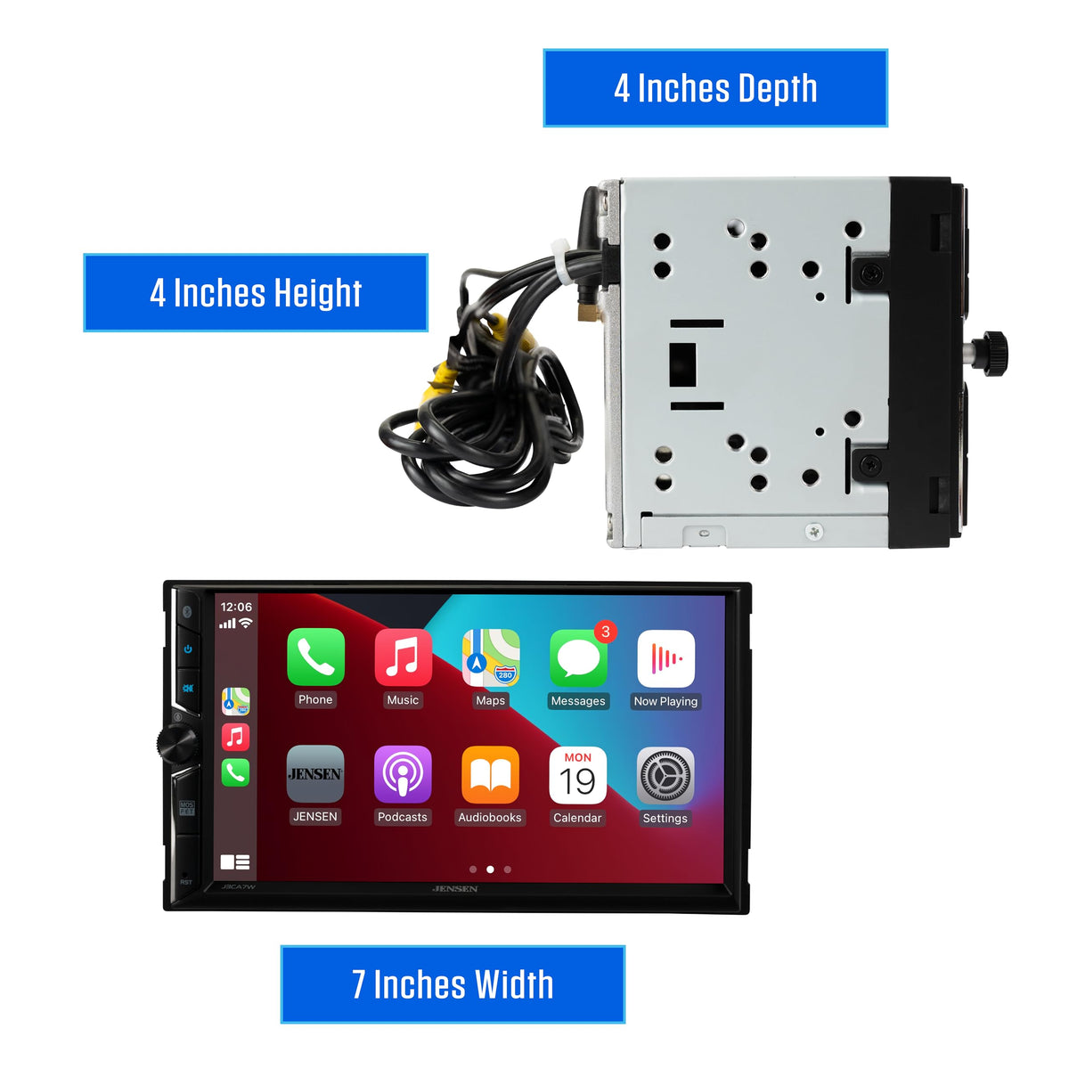 Jensen J3CA7W USB playback and charging keeps devices powered during drives.