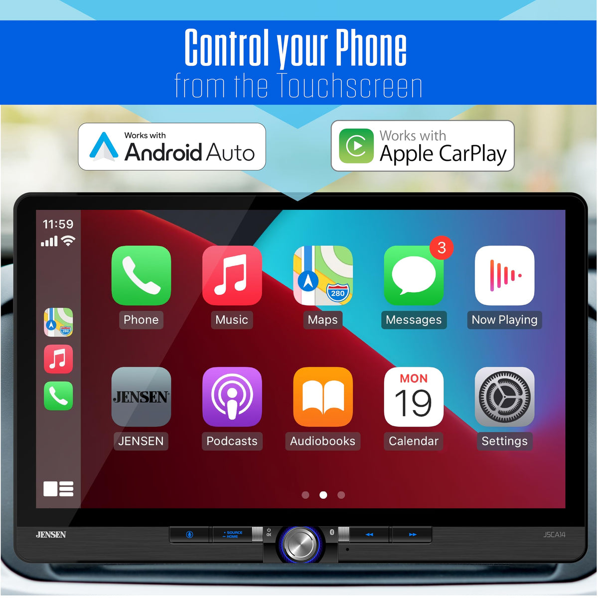 Jensen J5CA14 wireless CarPlay and Android Auto for cord-free driving convenience