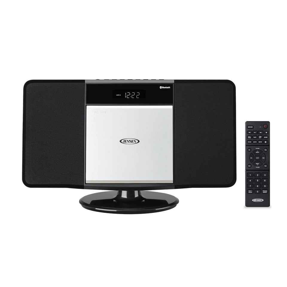 Jensen JBS-300 front-loading CD player ready for MP3 CD playback in home audio setup