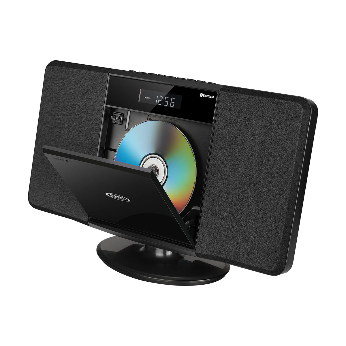 Jensen JBS-300 vertical-loading CD player logo and slot for MP3 CDs