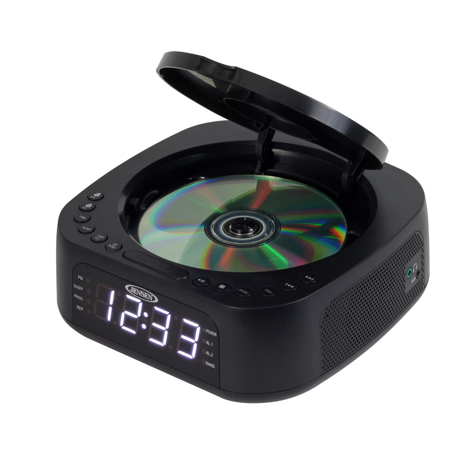 Jensen JCR-375 front panel showing LED display and stereo speakers for clear bedside audio