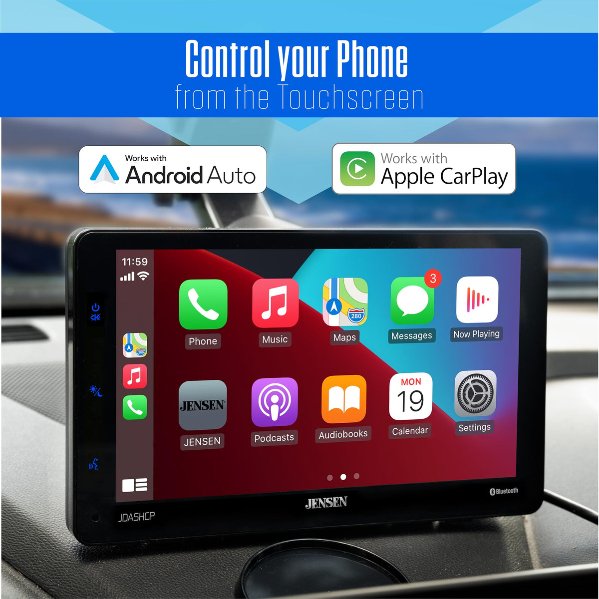 Jensen JDASHCP suction mount on dashboard enables flexible, stable dash or windshield placement.