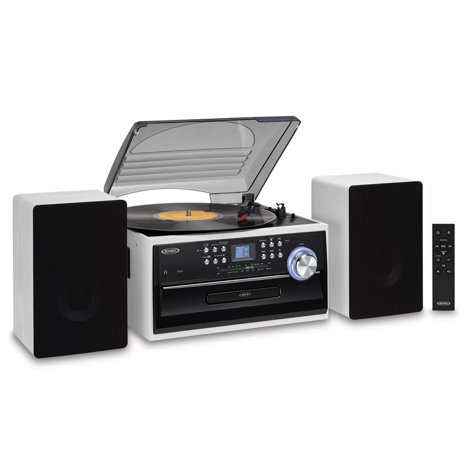 Jensen JTA-475 front view with 3-speed turntable for versatile vinyl playback