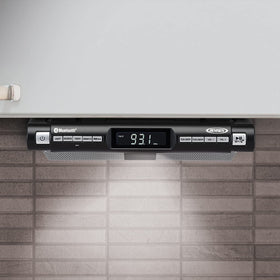 Jensen mounted in kitchen lifestyle showing streaming use, keeps counters clear