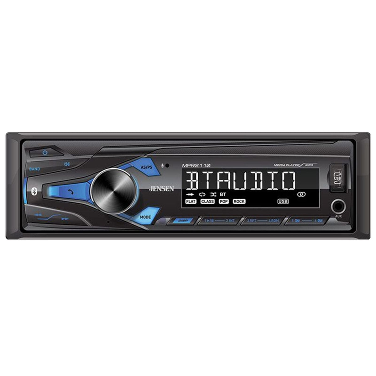 Jensen MPR2110 front panel showing buttons and display for easy control