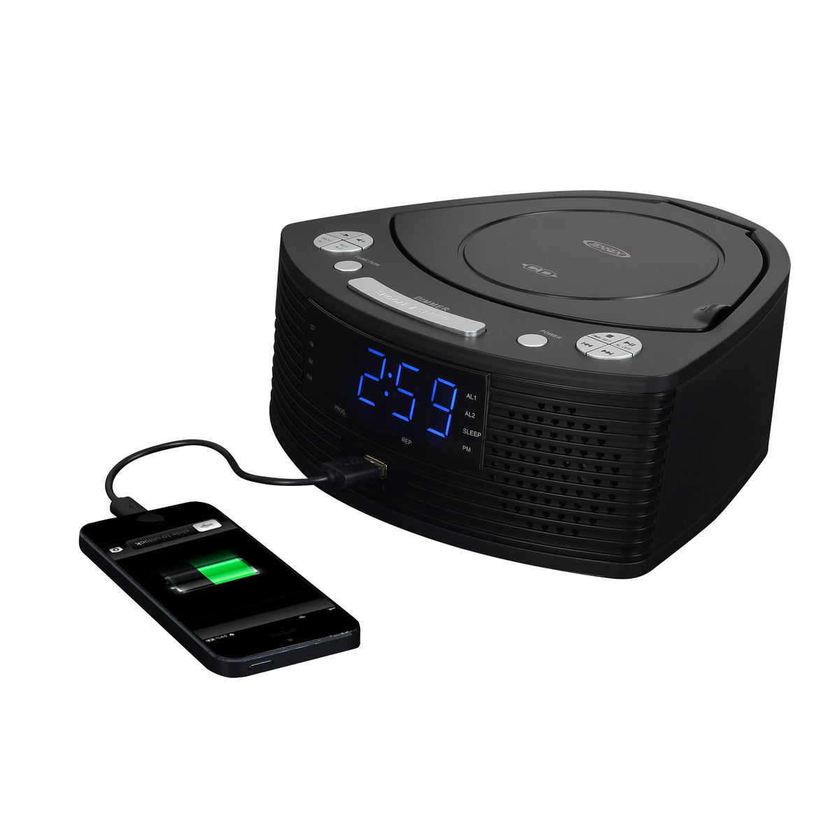 Jensen dual alarm clock display ready to wake you to radio, CD, or alarm