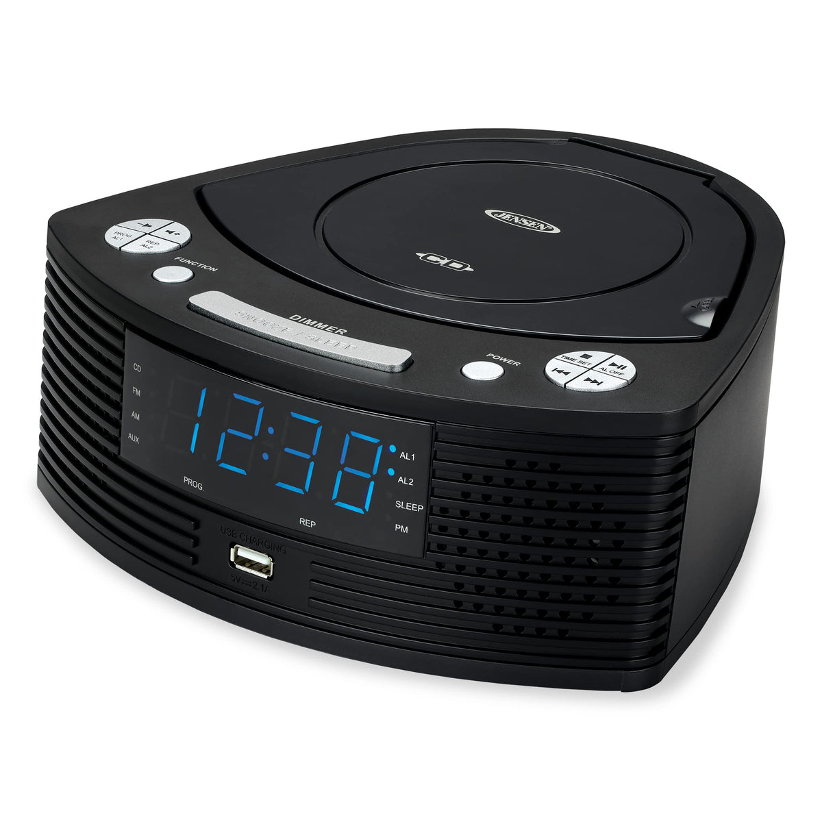 Jensen stereo compact disc player front view with built-in speakers for rich audio