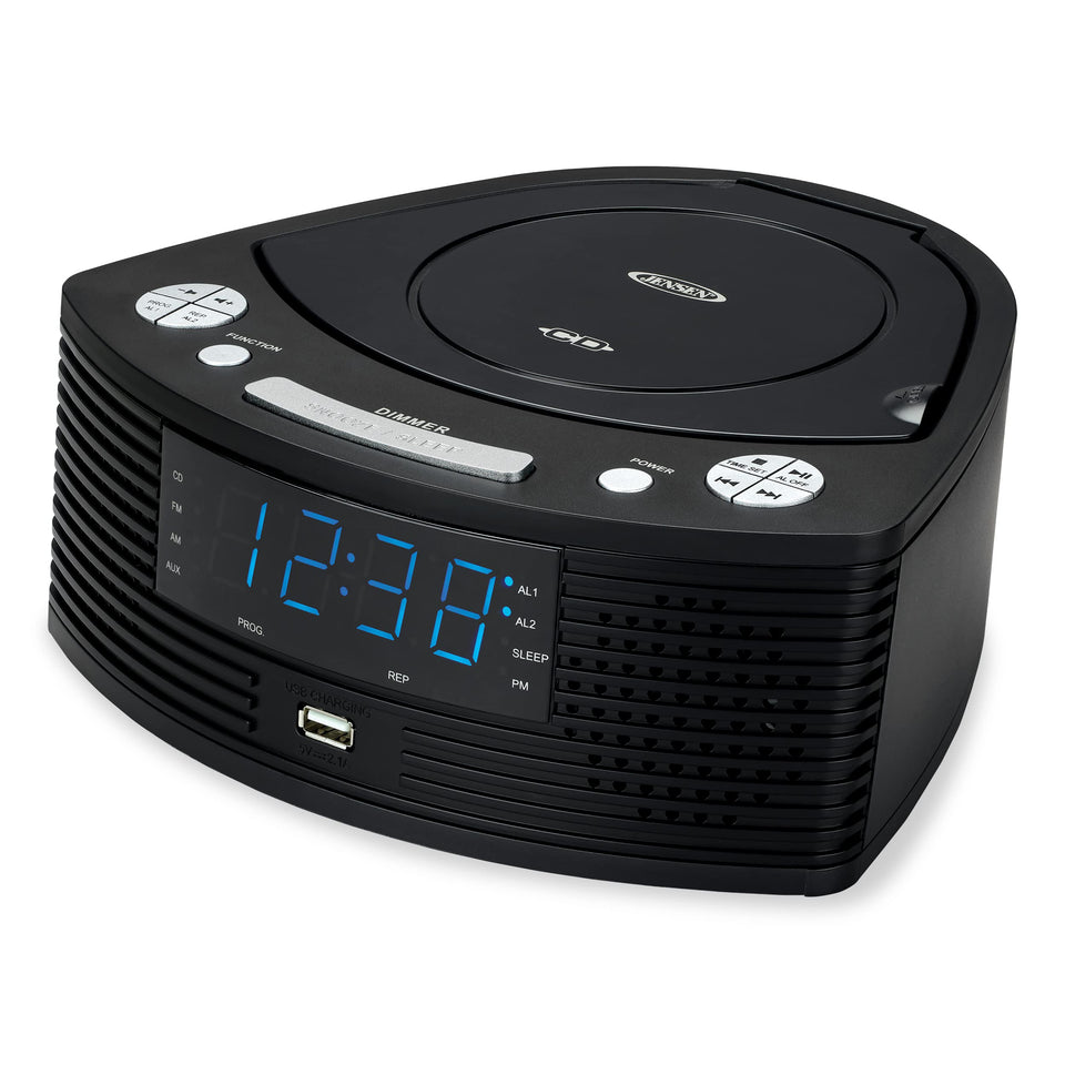 Jensen stereo compact disc player front view with built-in speakers for rich audio