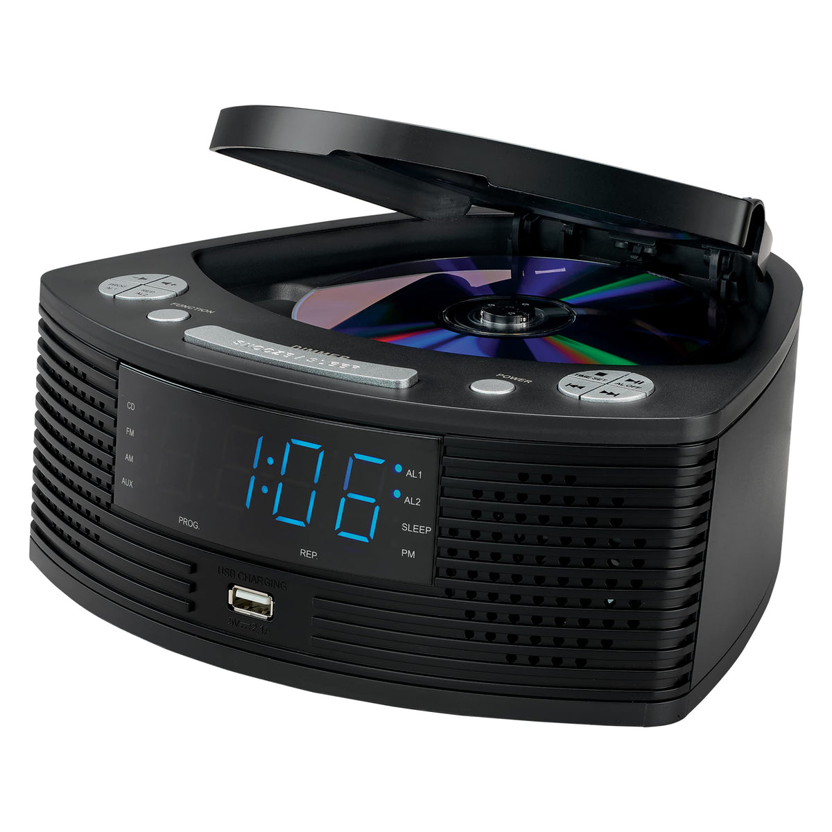 Jensen top-loading CD tray highlights simple CD playback and quick track selection