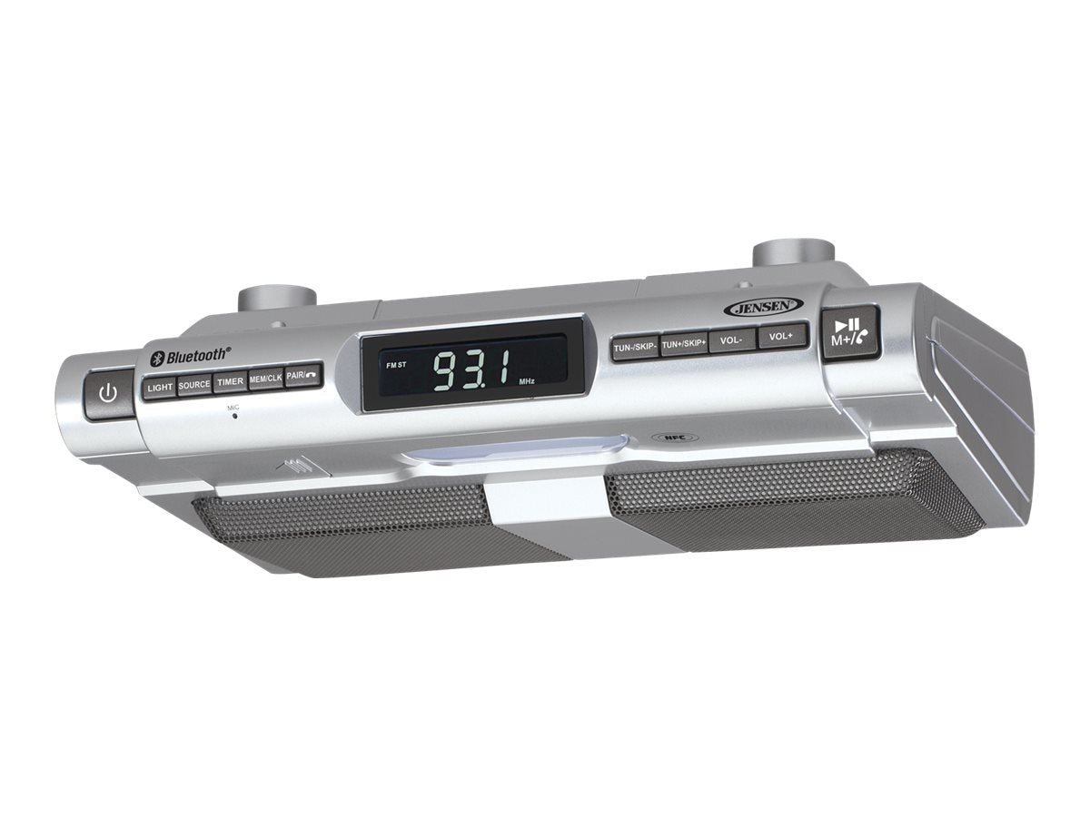Jensen SMPS-628 front view installed under cabinet showing slim profile and display, keeping counters clear