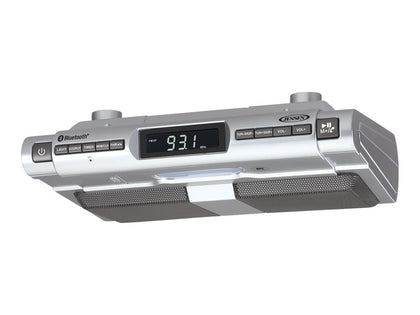 Jensen SMPS-628 front view installed under cabinet showing slim profile and display, keeping counters clear