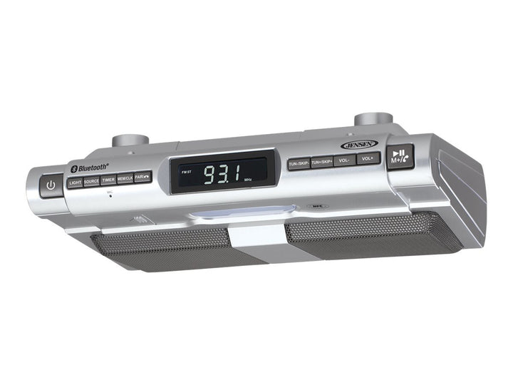 Jensen SMPS-628 front view installed under cabinet showing slim profile and display, keeping counters clear