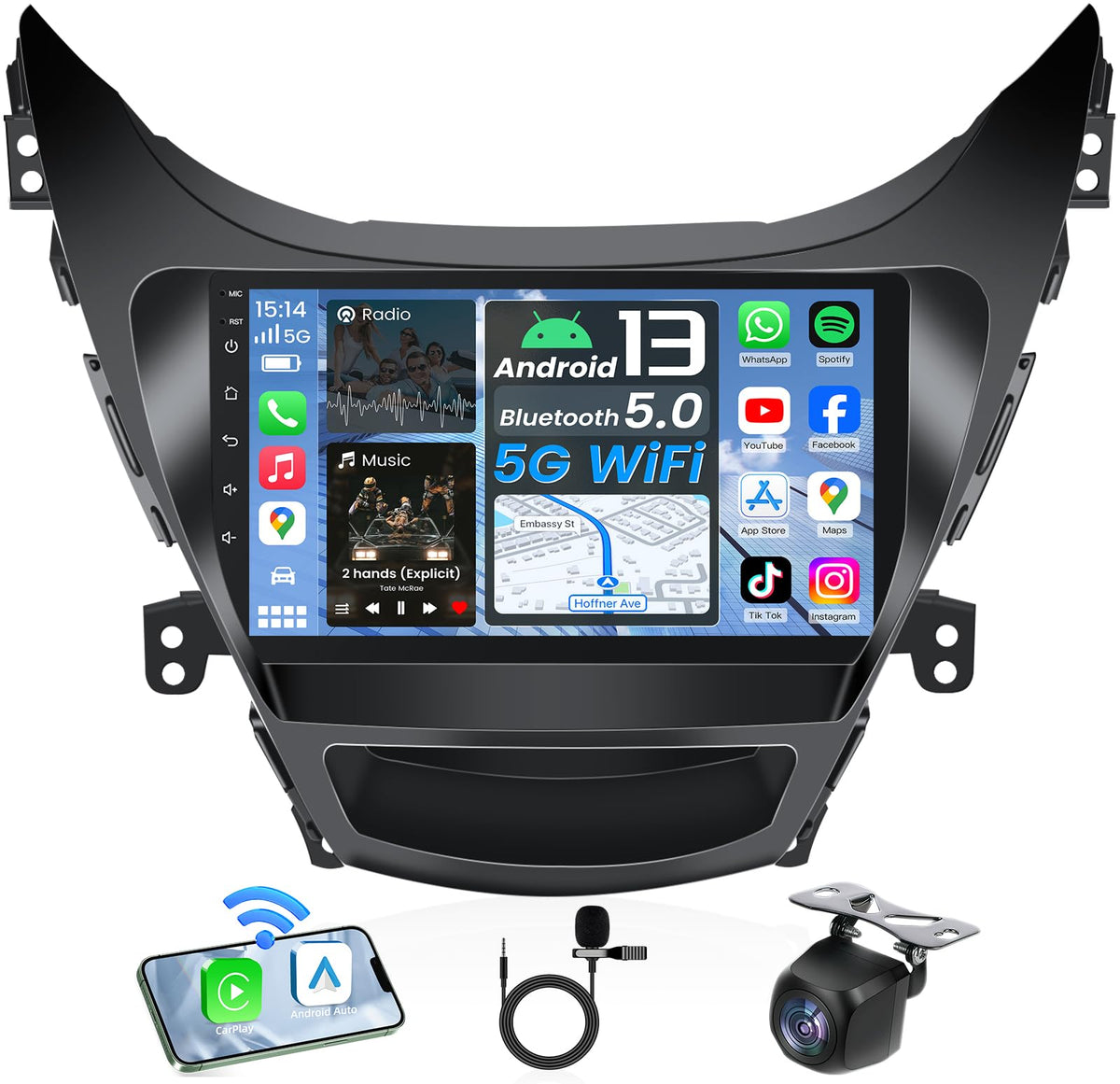 Jerqry 4Core Android car radio with 9-inch display for Hyundai Elantra 2011-2013, vivid HD screen.