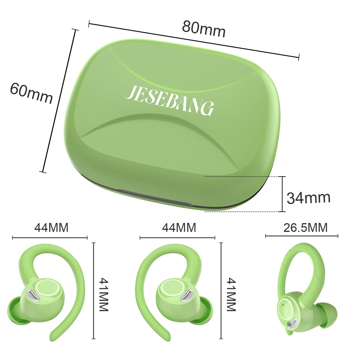 Jesebang accessories layout with ear tips and charging cable included