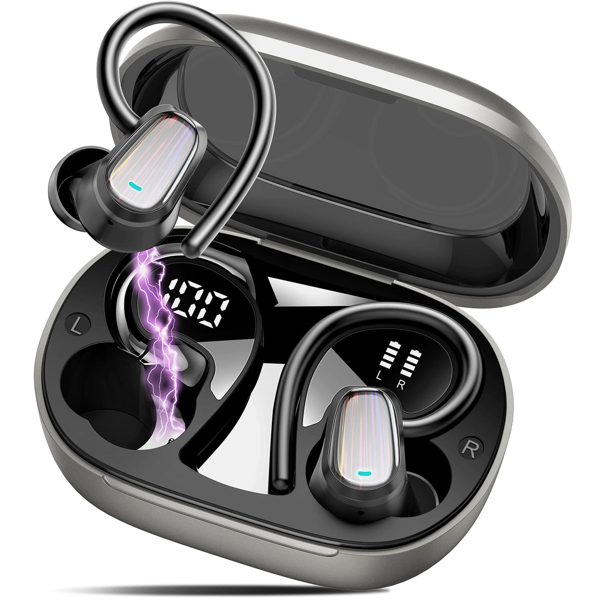 Jesebang S75 front charging case showing earbuds and LED display, quick battery check benefit