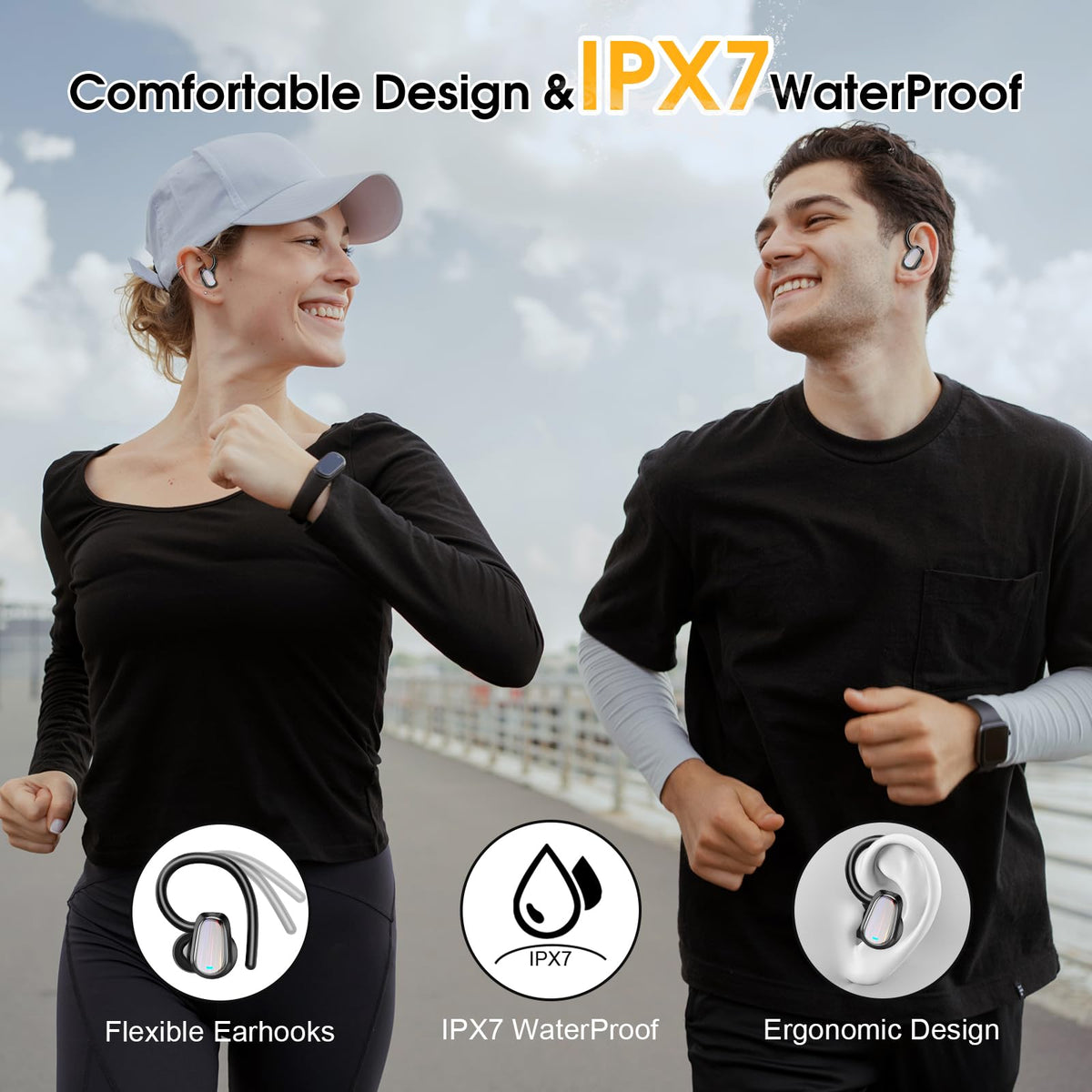 Jesebang S75 earbuds worn during outdoor run, sweatproof IPX7 protection for exercise
