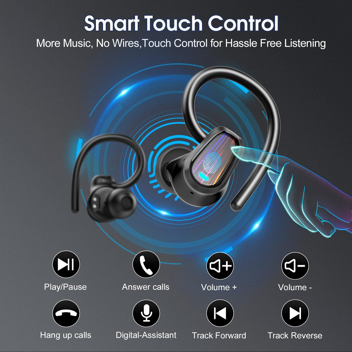 Jesebang earbuds next to a hand to show compact size and portable charging case